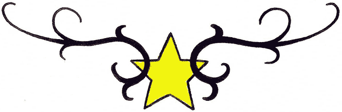 Tatuaje de una estrella tribal y amarilla en la parte baja de la espalda