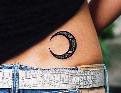 Tribal Black Ink Crescent Moon Tattoo On Lower Back