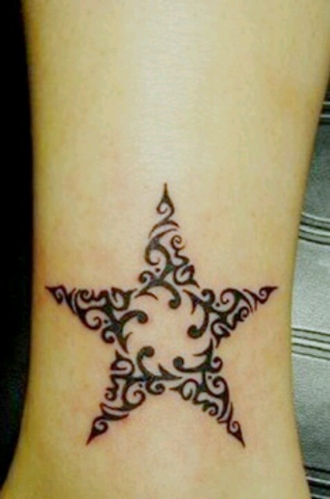 Tribal Black Star Tattoo On Side Leg