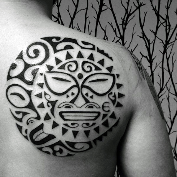 Tribal Black Sun Tattoo On Right Back Shoulder