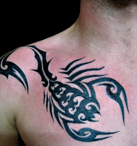 Tribal Scorpion Tattoo On Man Right Front Shoulder