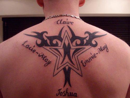 Tribal Star Tattoo On Man Upper Back