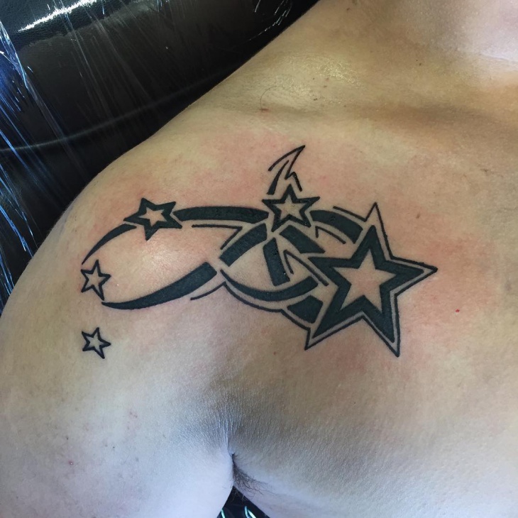 Tribal Star Tattoos On Man Front Shoulder