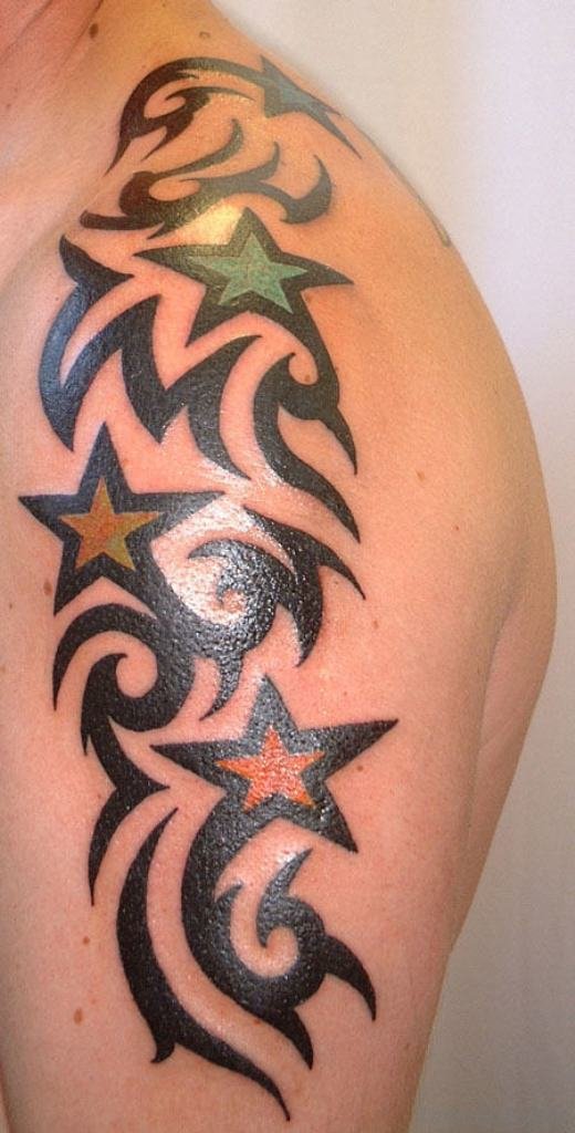 Tribal Star Tattoos On Man Left Shoulder