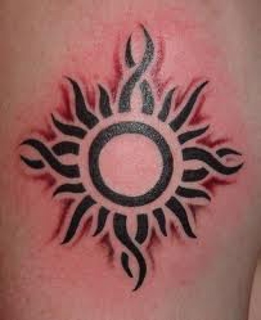Tribal Sun Tattoo On Man Shoulder