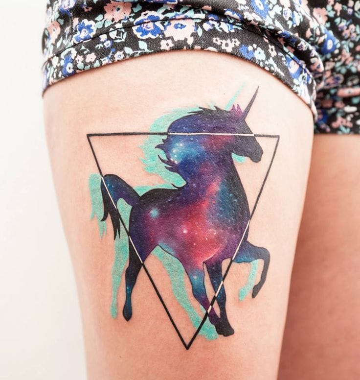 Triangle And Unicorn Tattoos On Girl right Thigh