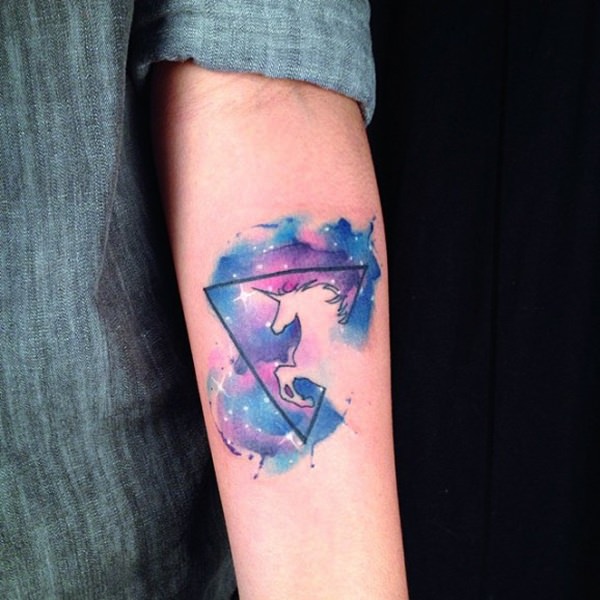 Trinagle And Unicorn Watercolor Tattoo On Left Forearm