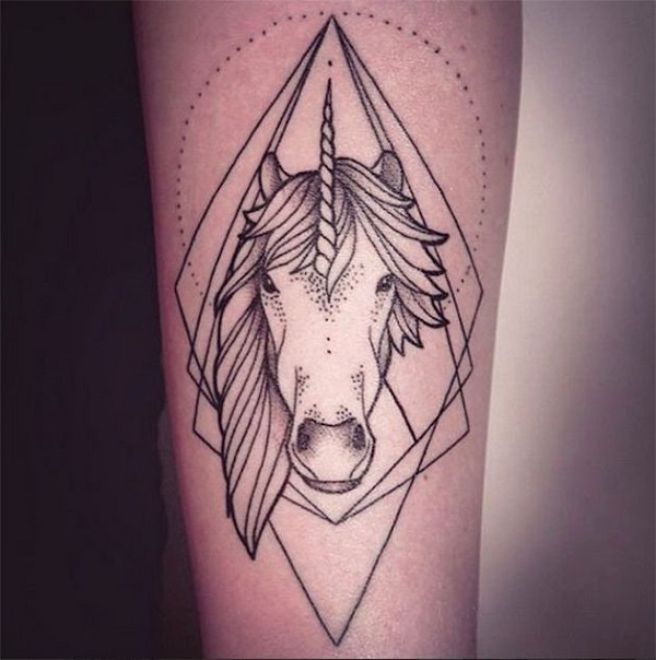 Trinagles And Unicorn Head Tattoo On Sleeve