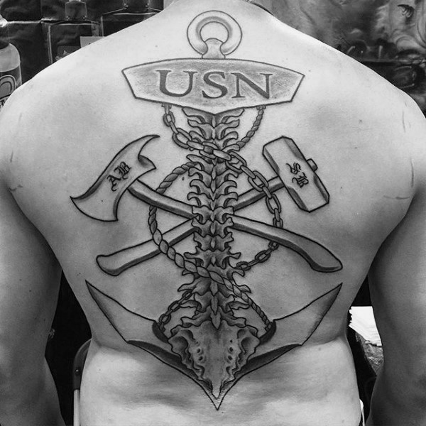 USN Anchor Skeleton Navy Tattoo On Full Back