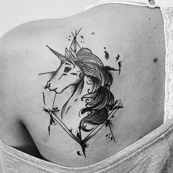 Unicorn Head Tattoo On Back Shoulder