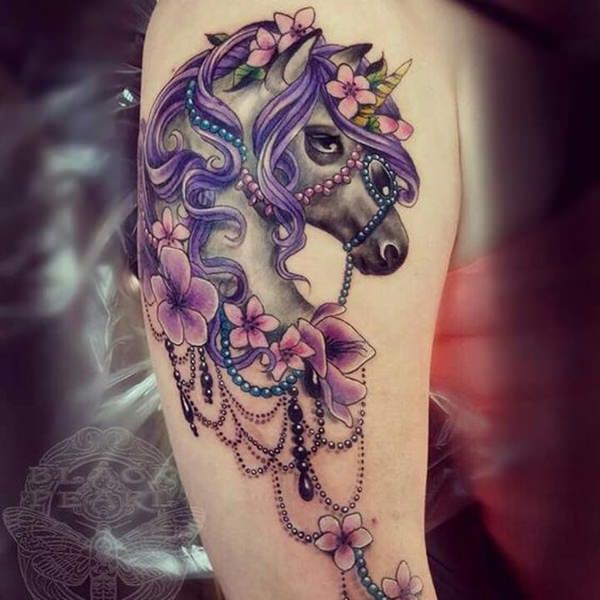 Unicorn With Purple Flowers Tattoo On Right Sleeve