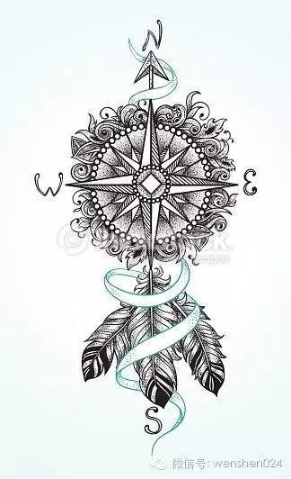 Unique Compass With Feathers Tattoo Design