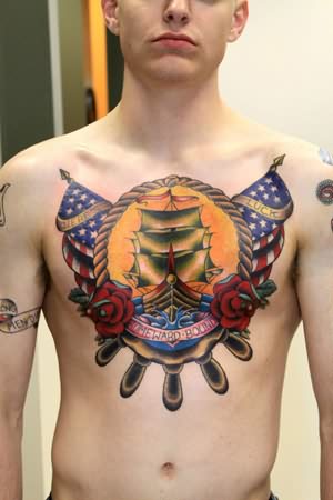 Us Flags And Navy Tattoo On Man Chest