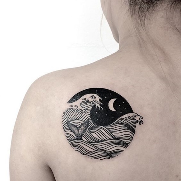Water Waves In Moon Tattoo On Girl Left Back Shoulder
