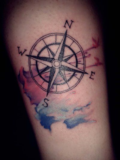 Watercolor Compass Tattoo On Arm Sleeve