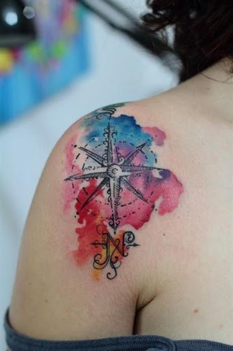 Watercolor Compass Tattoo On Girl Right Shoulder