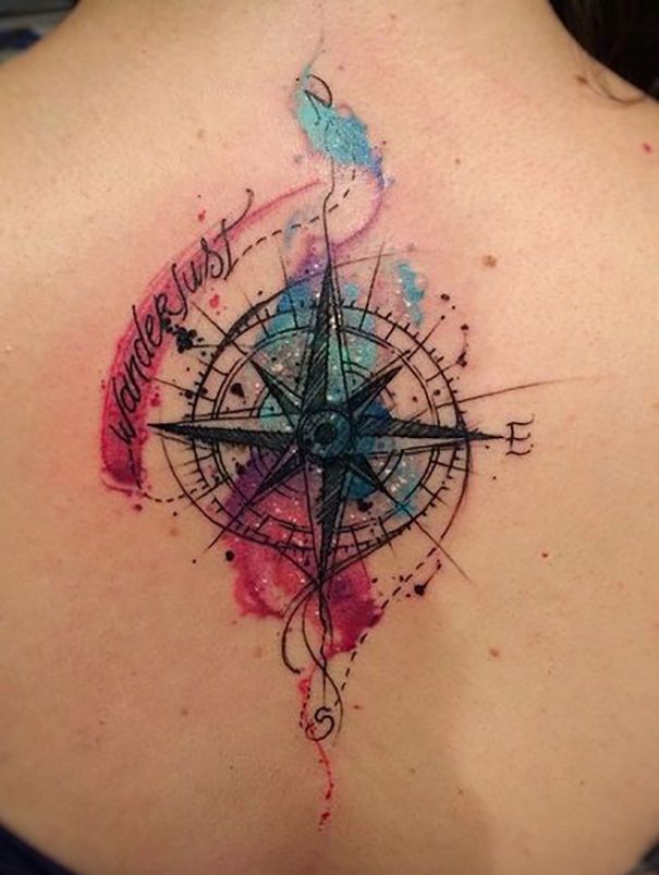 Watercolor Compass Tattoo On Girl Upper Back