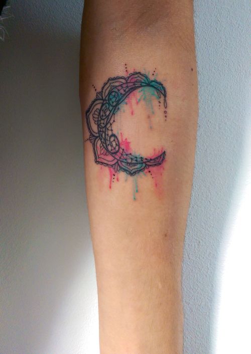 Watercolor Crescent Moon Tattoo On Arm