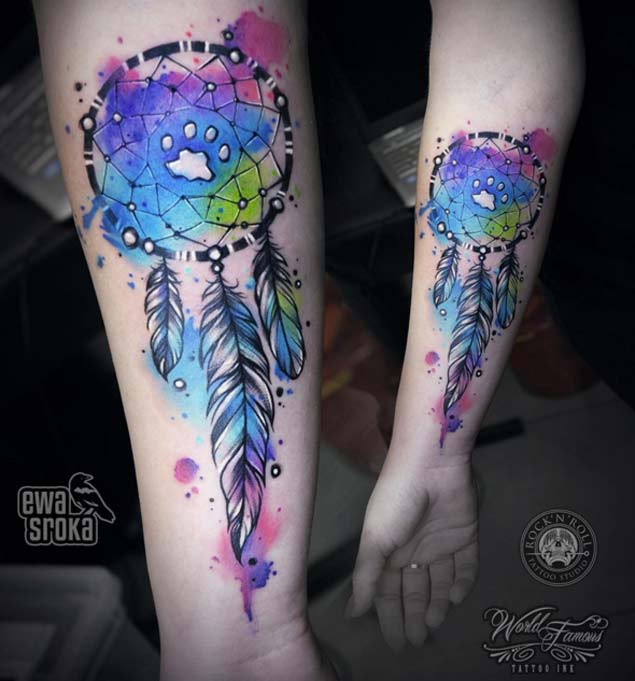 Watercolor Dreamcatcher Tattoo On Right Forearm
