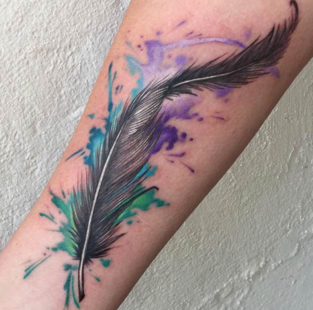 Watercolor Feather Tattoo On Arm