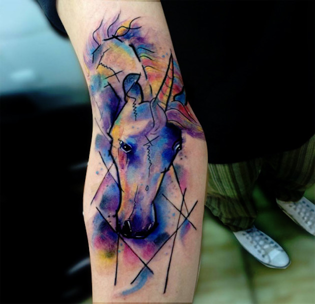 Watercolor Gothic Unicorn Tattoo On Right Sleeve