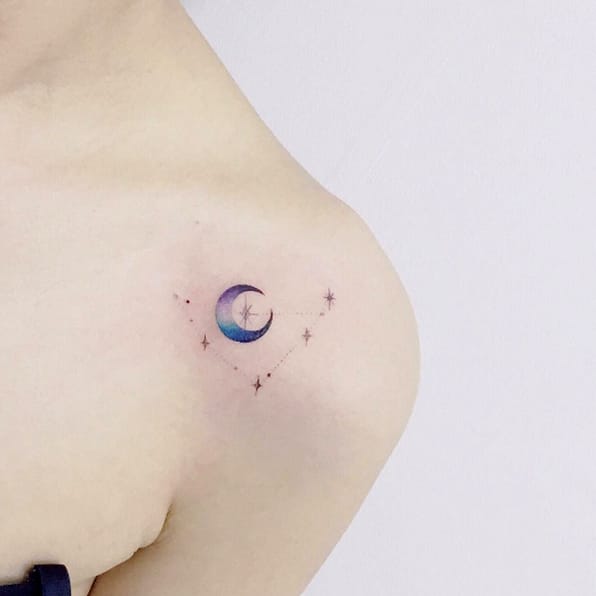 Watercolor Moon Tattoo On Left Shoulder