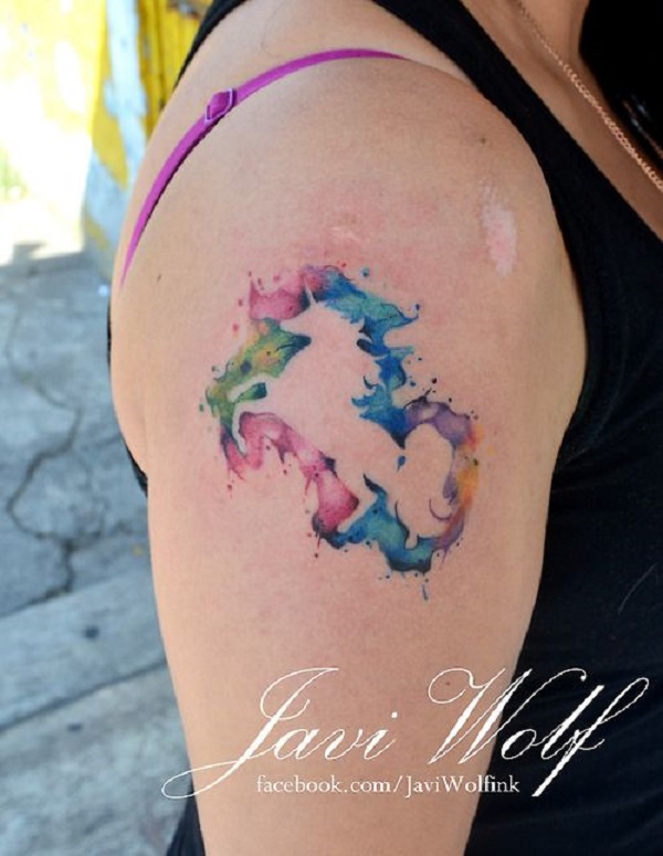 Watercolor Outline Unicorn Tattoo On Shoulder by Javi Wolf