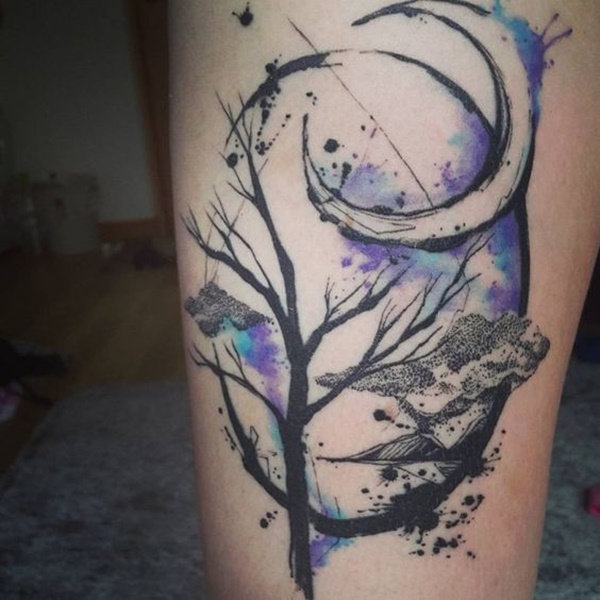 Watercolor Tree And Moon Tattoo On Leg