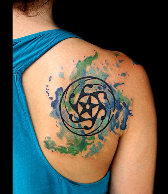 Watercolor Tribal Star Tattoo On Right Back Shoulder