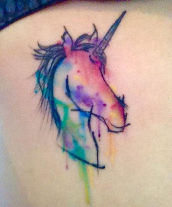Watercolor Unicorn Head Tattoo On Back