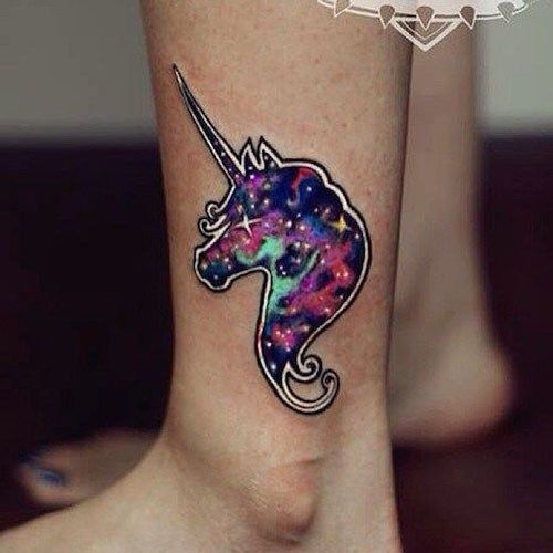 Watercolor Unicorn Head Tattoo On Side Leg