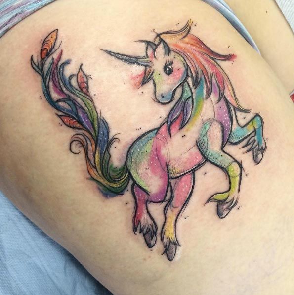 Watercolor Unicorn Tattoo On Right Thigh