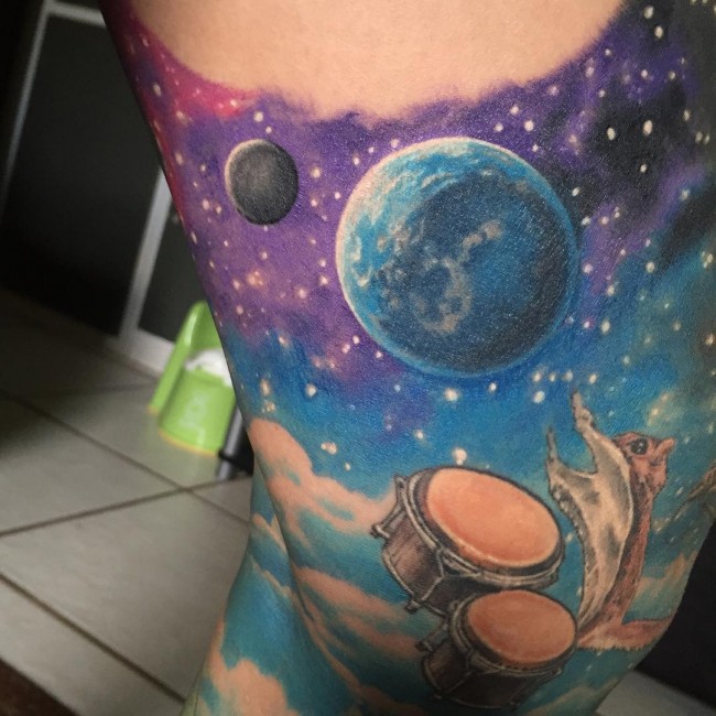Watercolored Moon Tattoo On Leg