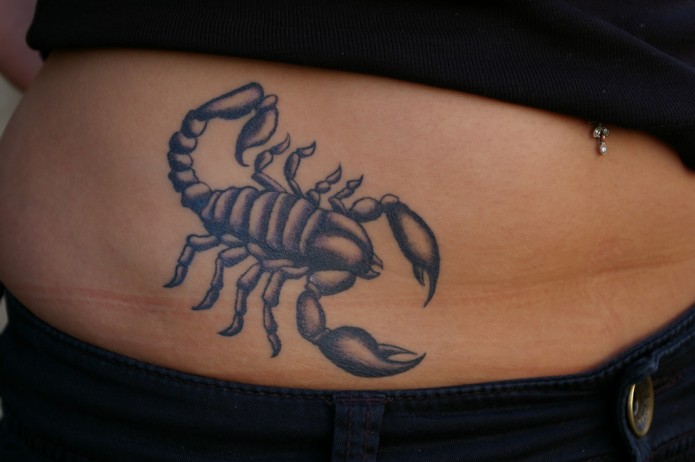 White And Grey Girly Scorpion Tattoo On Waist