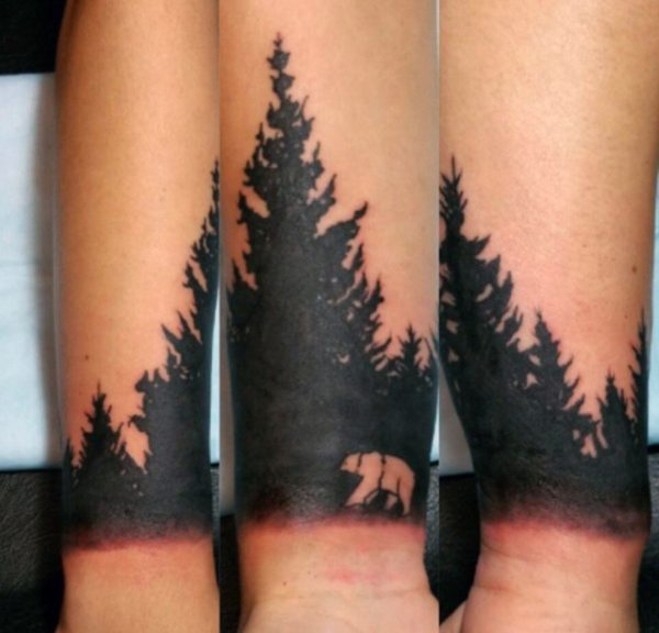 Wild Bear And Pine Tree Tattoo On Arm Sleeve