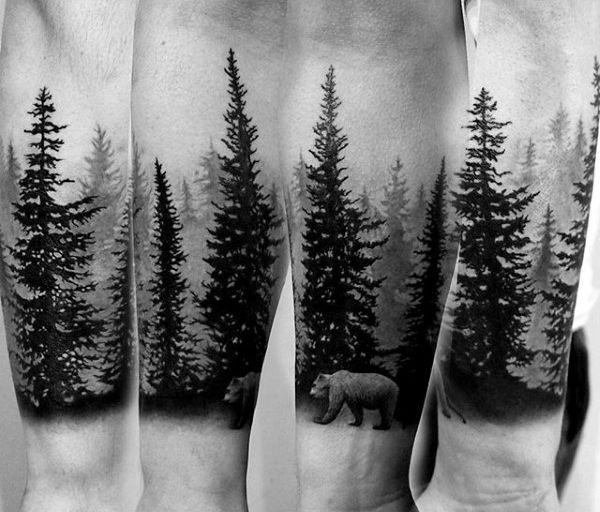 Wild Bear And Pine Trees Tattoo On Forearm