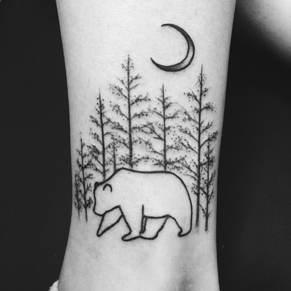 Wild Bear With Half Moon And Pine Tree Tattoo