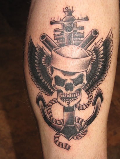 Winged Anchor With Skull Navy Tattoo On Leg