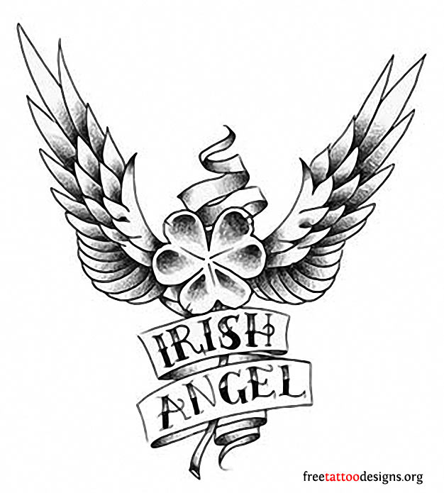 Winged Shamrock Leaf With Irish Angel Banner Tattoo Design