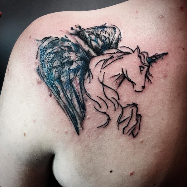 Winged Unicorn Tattoo On Left Back Shoulder