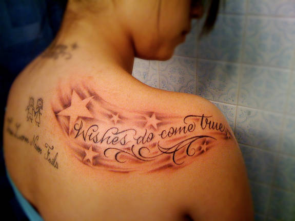 Wishes Do Come True Shooting Stars Tattoo On Girl Right Back Shoulder