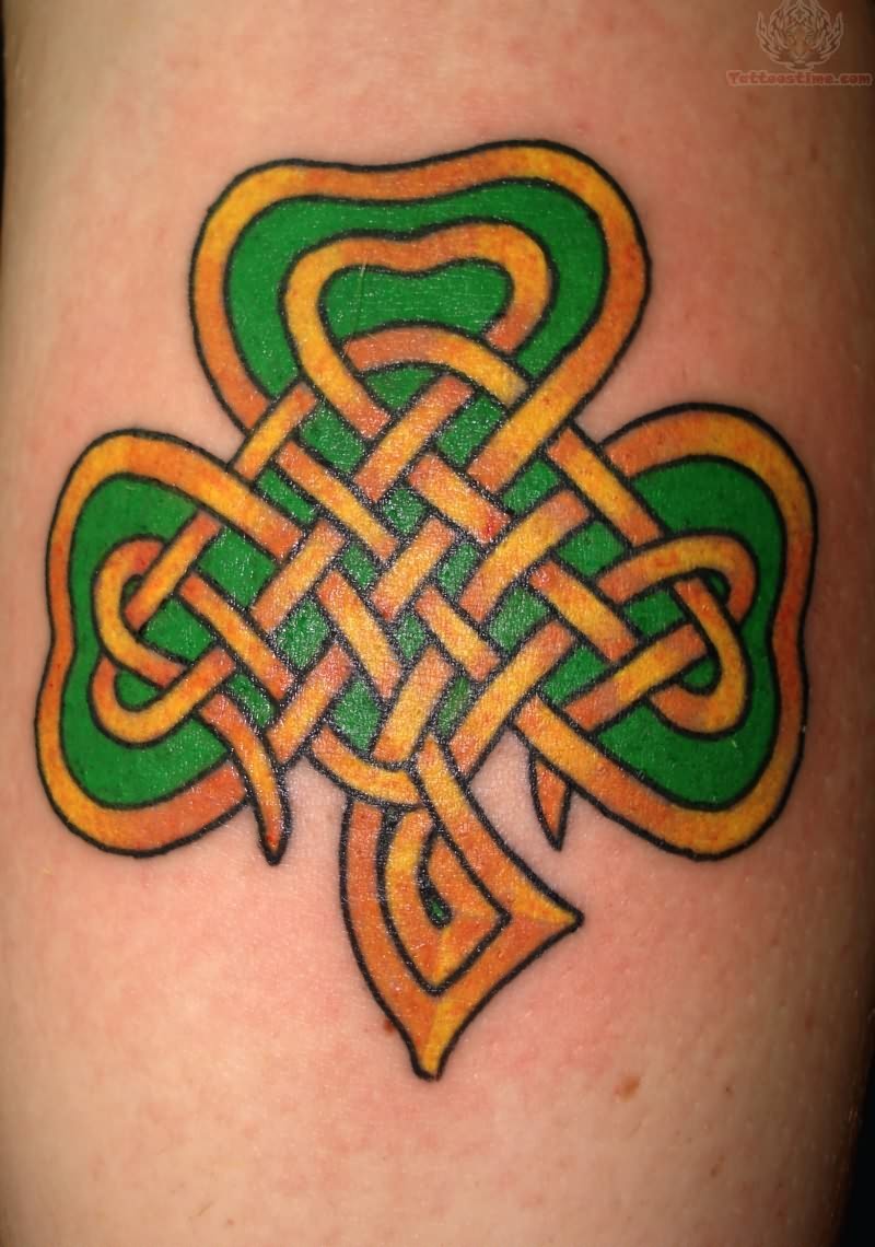 Yellow And Green Ink Celtic Shamrock Tattoo Idea