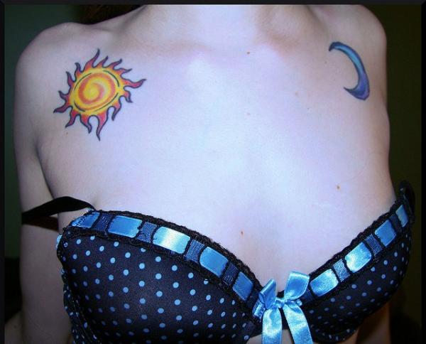 Yellow Sun And Blue Moon Tattoos On Front Shoulders