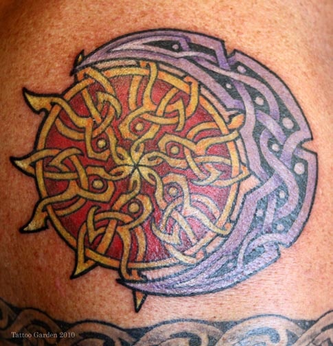 Yellow and Purple Ink Celtic Sun And Moon Tattoo Idea