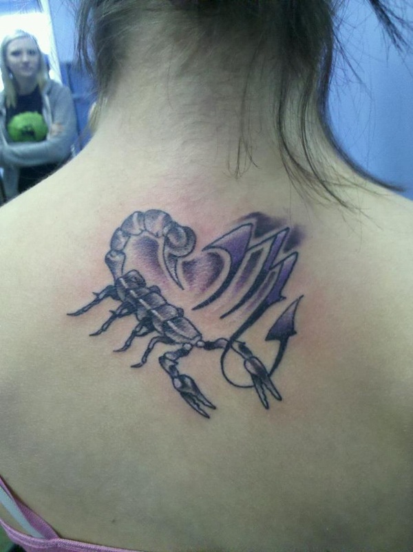 Zodiac Sign And Scorpion Tattoo On Girl Upper Back