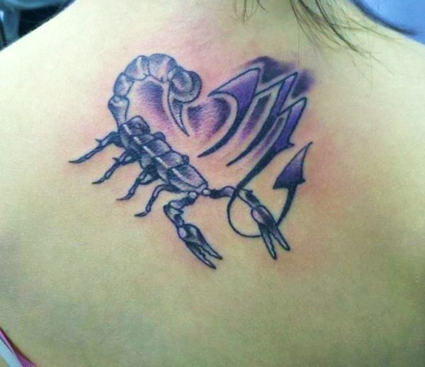 Zodiac Symbol And Feminine Scorpion Tattoo On Girl Upper Back