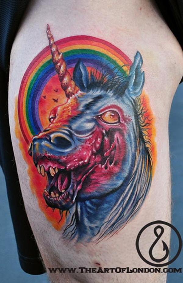 Zombie Feminine Unicorn Tattoo On Thigh