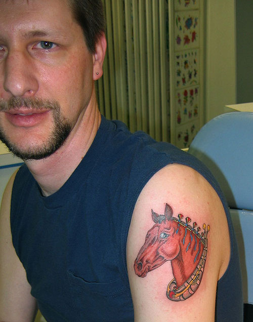 3D Horse Head Tattoo On Left Shoulder