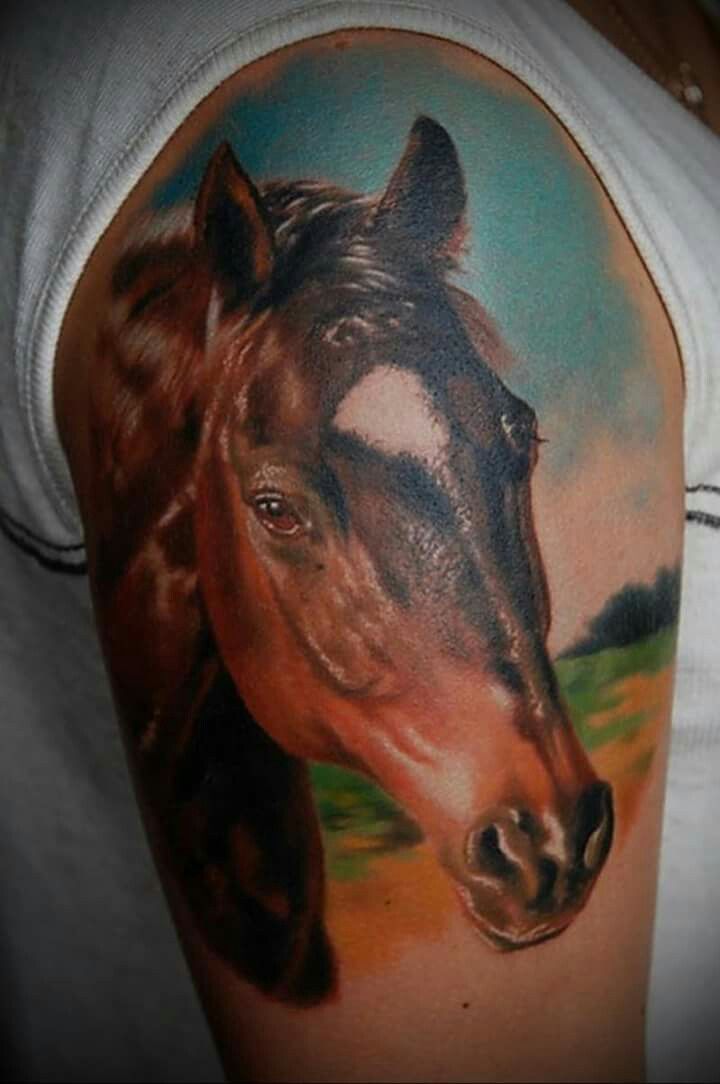 3D Horse Head Tattoo On Right Shoulder