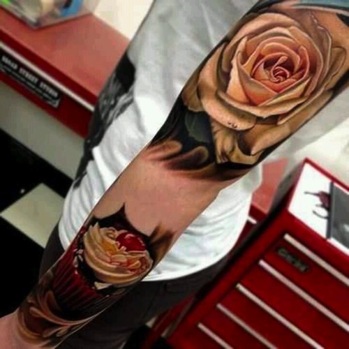 3D Rose Flower And Realistic Cupcake Tattoo On Left Sleeve